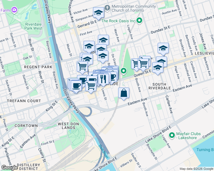 map of restaurants, bars, coffee shops, grocery stores, and more near 761 Queen Street East in Toronto