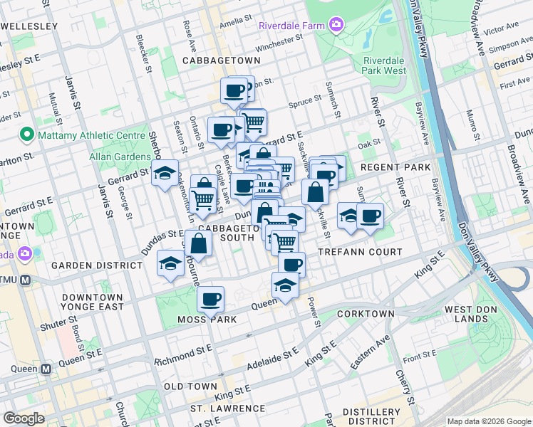 map of restaurants, bars, coffee shops, grocery stores, and more near Parliament Street in Toronto