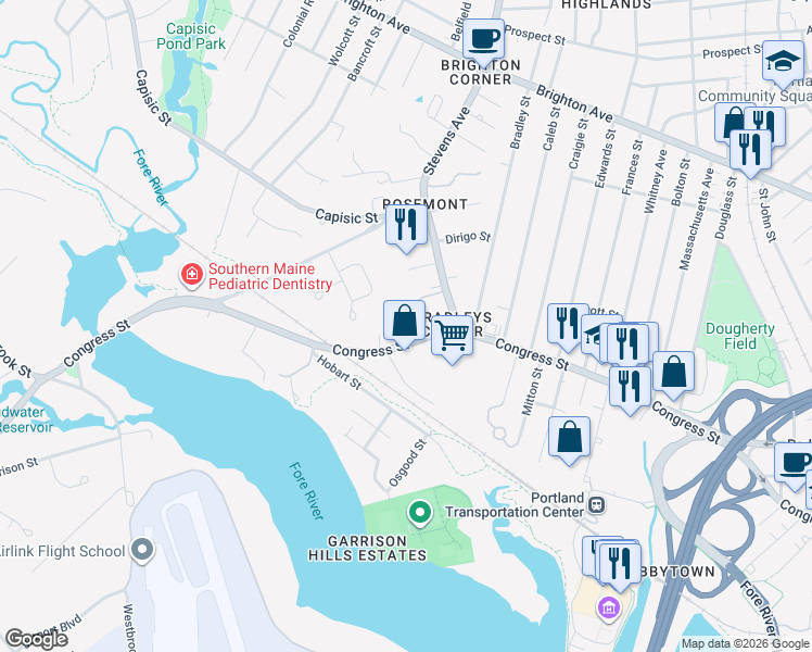 map of restaurants, bars, coffee shops, grocery stores, and more near 1427 Congress Street in Portland