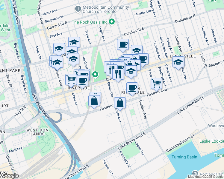 map of restaurants, bars, coffee shops, grocery stores, and more near in Toronto