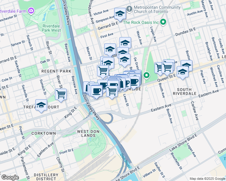 map of restaurants, bars, coffee shops, grocery stores, and more near in Toronto