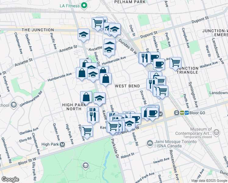 map of restaurants, bars, coffee shops, grocery stores, and more near in Toronto