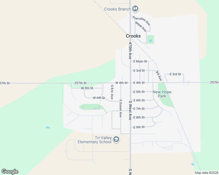 map of restaurants, bars, coffee shops, grocery stores, and more near 109 South Eric Avenue in Crooks