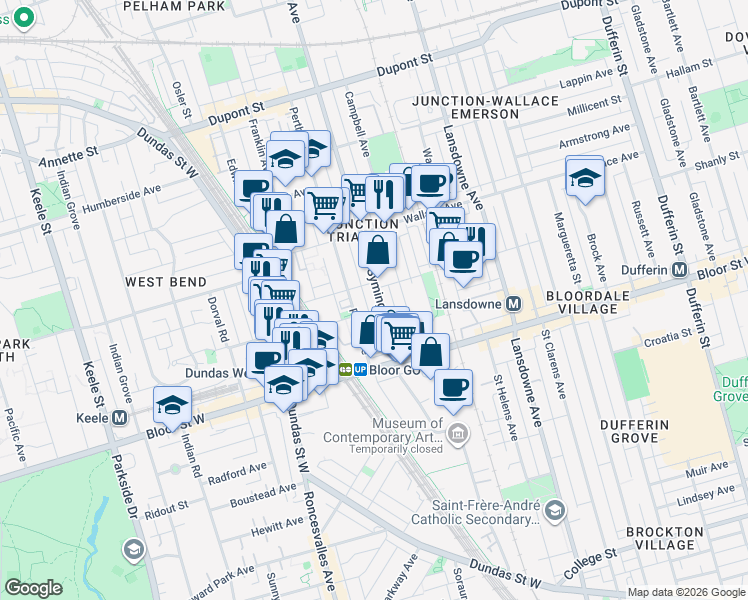 map of restaurants, bars, coffee shops, grocery stores, and more near 76 Symington Avenue in Toronto