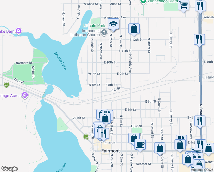 map of restaurants, bars, coffee shops, grocery stores, and more near 126 East 8th Street in Fairmont