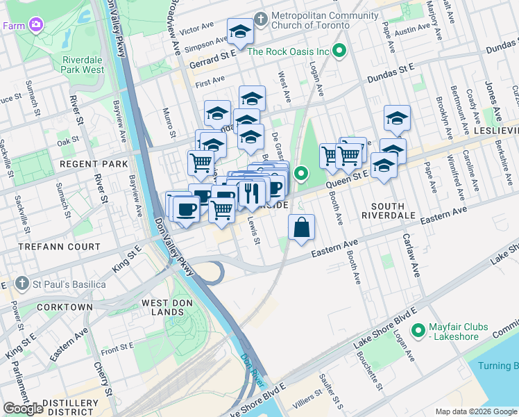 map of restaurants, bars, coffee shops, grocery stores, and more near 755 Queen Street East in Toronto