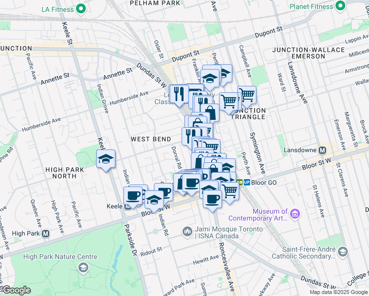map of restaurants, bars, coffee shops, grocery stores, and more near 40 Prince Rupert Avenue in Toronto