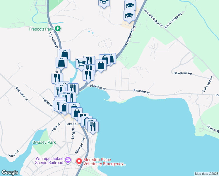 map of restaurants, bars, coffee shops, grocery stores, and more near 20 Pleasant Street in Meredith