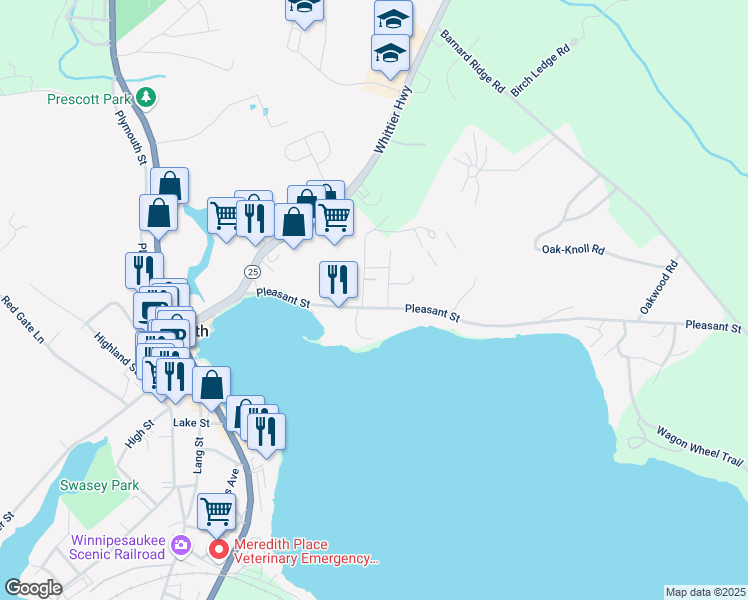 map of restaurants, bars, coffee shops, grocery stores, and more near 32 Pleasant Street in Meredith