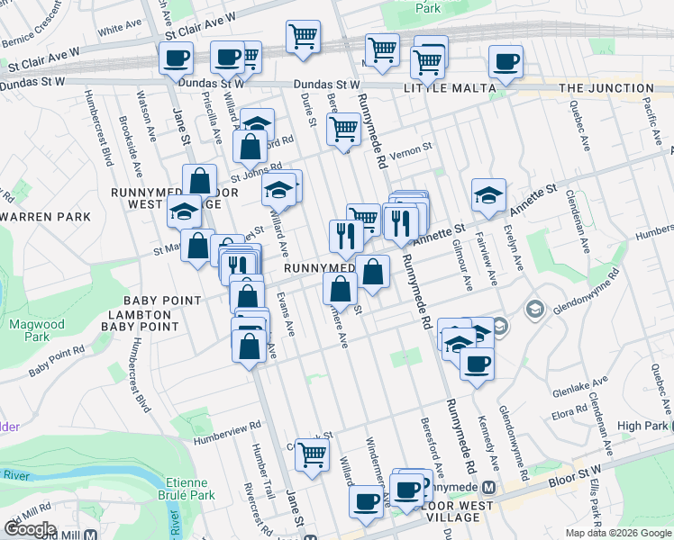 map of restaurants, bars, coffee shops, grocery stores, and more near 655 Annette Street in Toronto