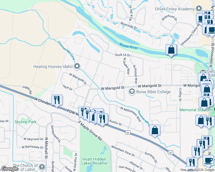 map of restaurants, bars, coffee shops, grocery stores, and more near 6007 Hazelbrook Lane in Garden City