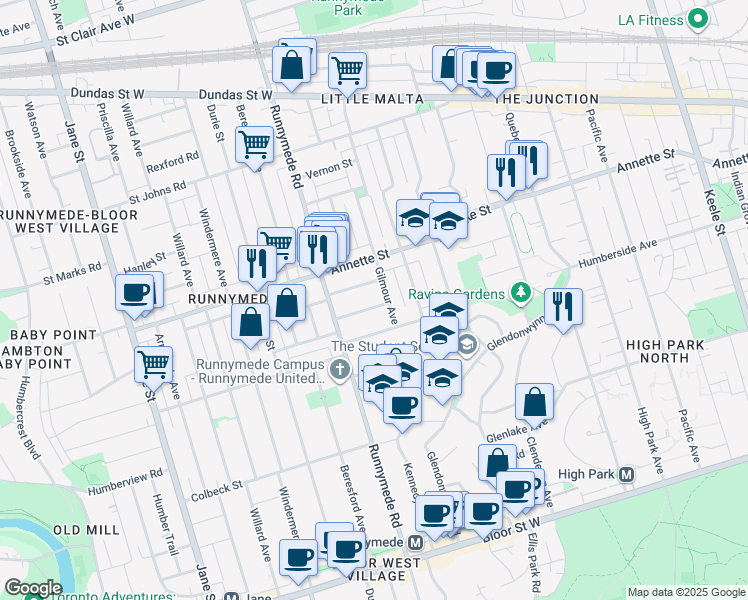 map of restaurants, bars, coffee shops, grocery stores, and more near 4 Webb Avenue in Toronto