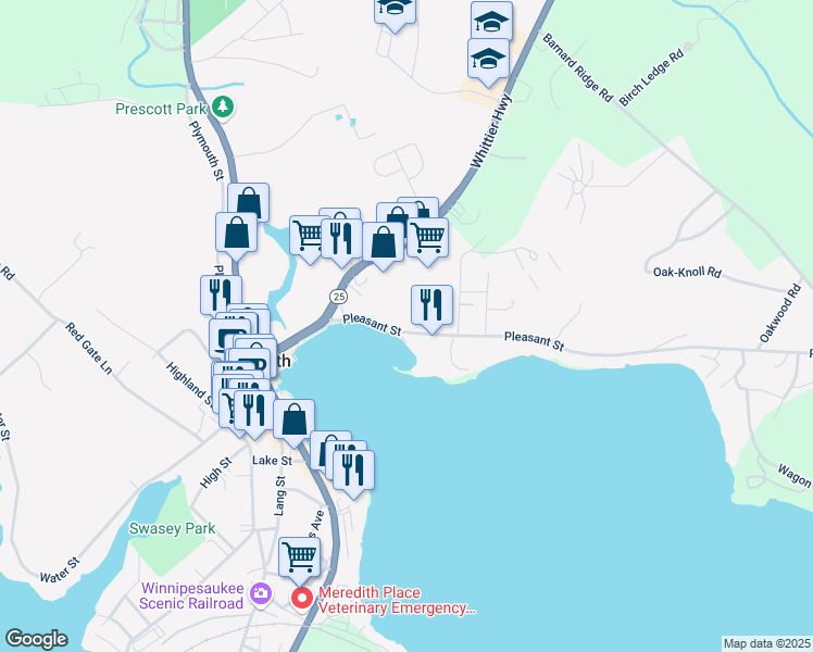 map of restaurants, bars, coffee shops, grocery stores, and more near 18 Pleasant Street in Meredith