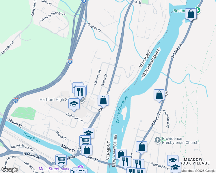 map of restaurants, bars, coffee shops, grocery stores, and more near 754 U.S. 5 in Hartford