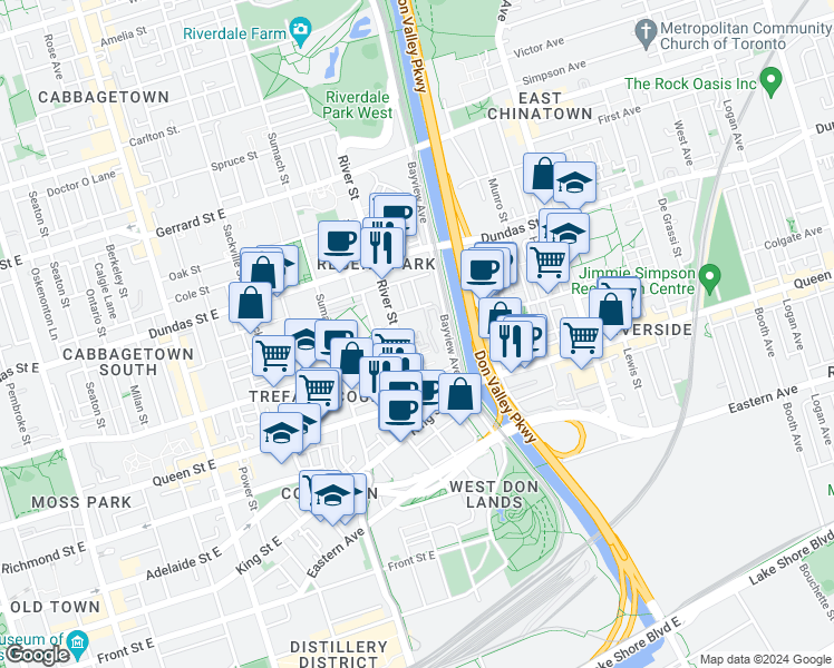 map of restaurants, bars, coffee shops, grocery stores, and more near 28 Raffeix Lane in Toronto