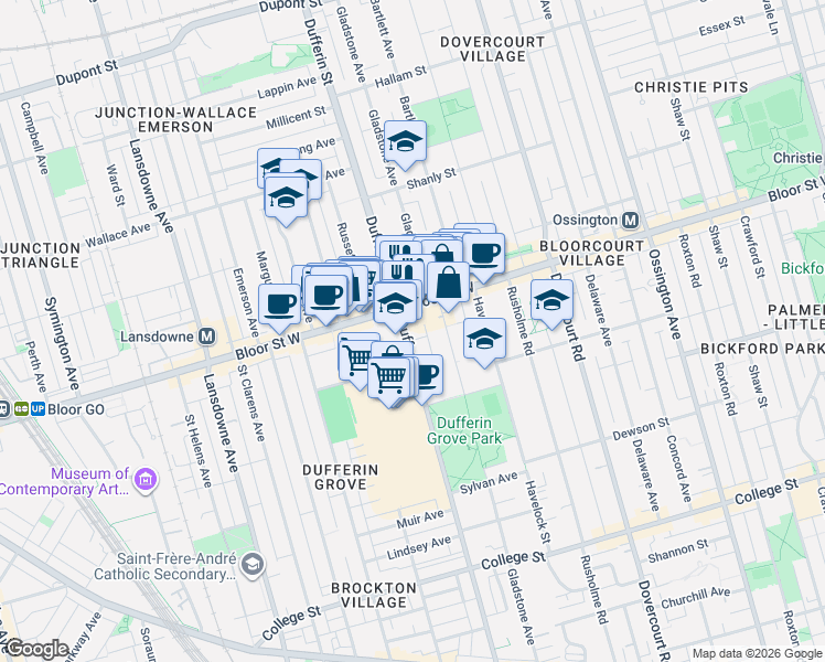 map of restaurants, bars, coffee shops, grocery stores, and more near 997 Dufferin Street in Toronto