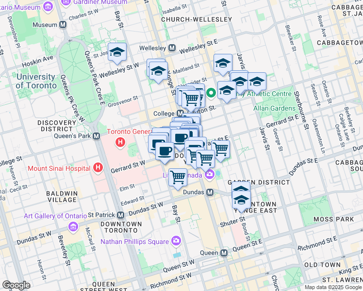 map of restaurants, bars, coffee shops, grocery stores, and more near in Toronto