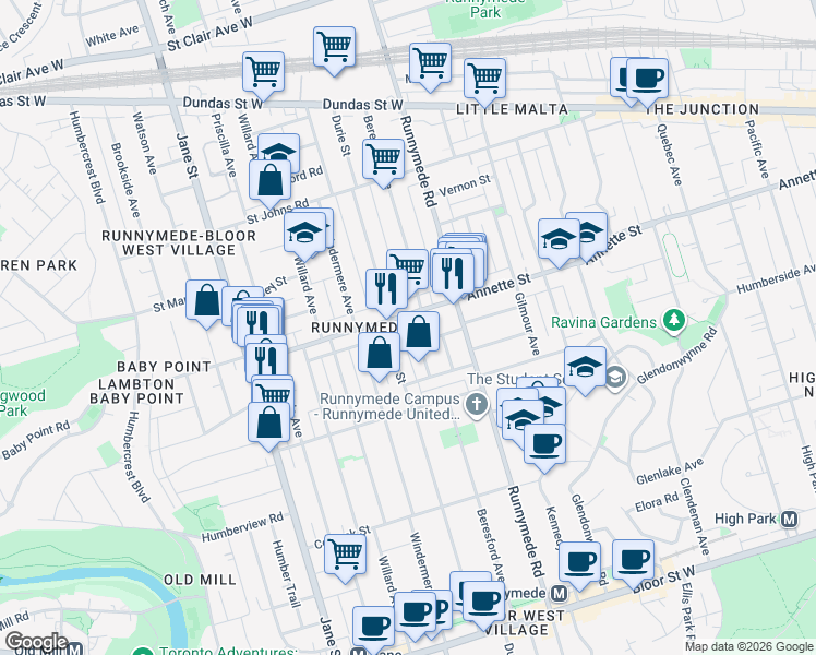 map of restaurants, bars, coffee shops, grocery stores, and more near in Toronto