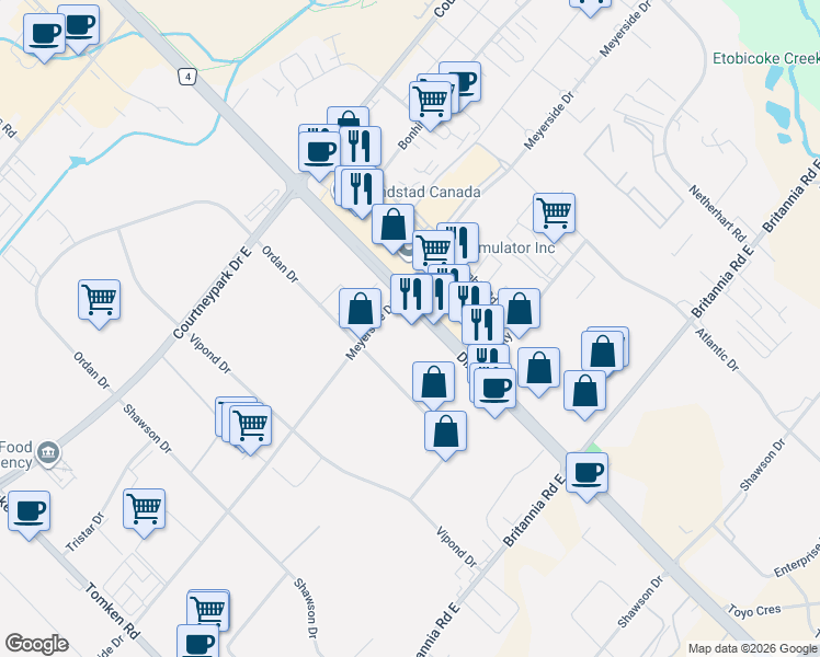map of restaurants, bars, coffee shops, grocery stores, and more near 1450 Meyerside Drive in Mississauga