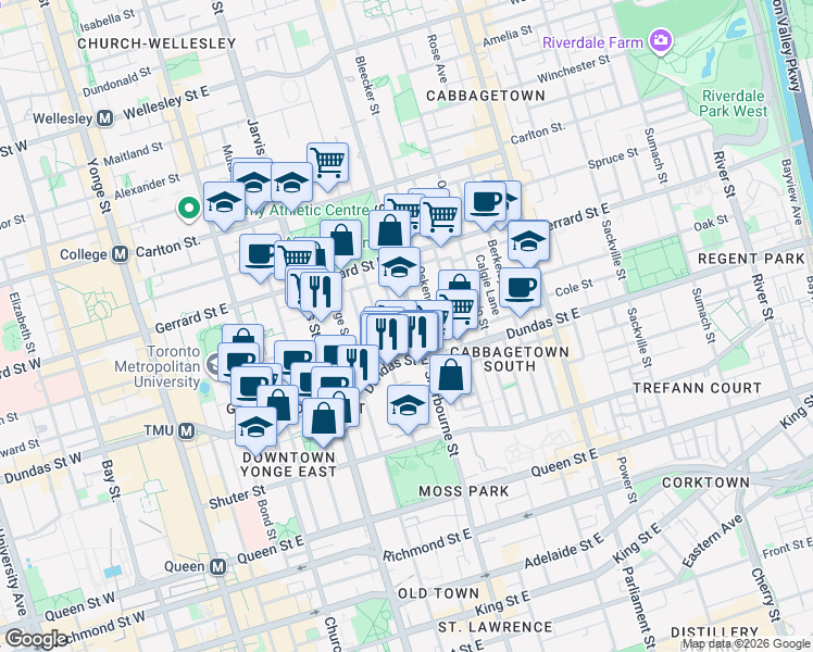 map of restaurants, bars, coffee shops, grocery stores, and more near 266 Sherbourne Street in Toronto