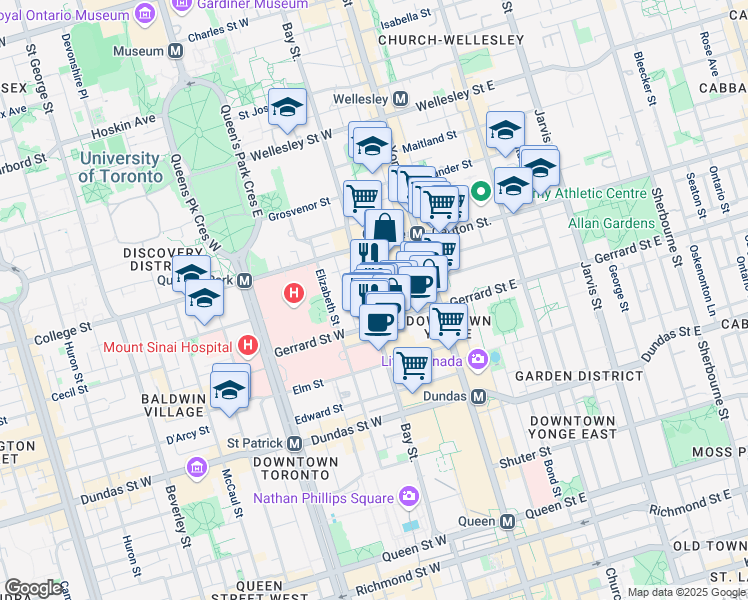 map of restaurants, bars, coffee shops, grocery stores, and more near 700 Bay Street in Toronto