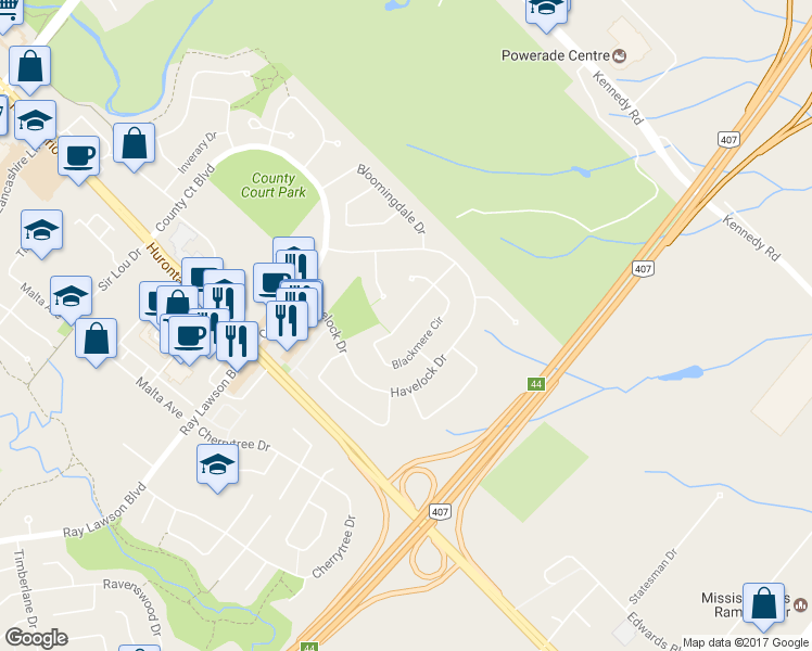 map of restaurants, bars, coffee shops, grocery stores, and more near 33 Blackmere Circle in Brampton