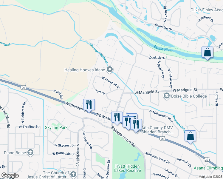 map of restaurants, bars, coffee shops, grocery stores, and more near 9485 Hoff Drive in Boise