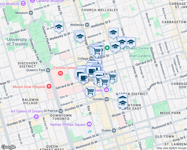 map of restaurants, bars, coffee shops, grocery stores, and more near 382 Yonge Street in Toronto