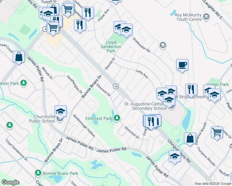 map of restaurants, bars, coffee shops, grocery stores, and more near 23 Bandera Drive in Brampton