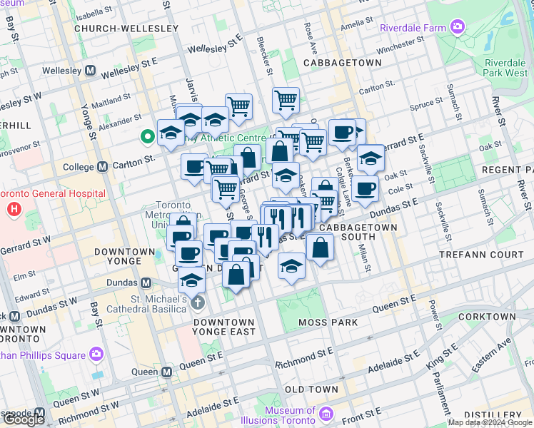 map of restaurants, bars, coffee shops, grocery stores, and more near 88 Pembroke Street in Toronto