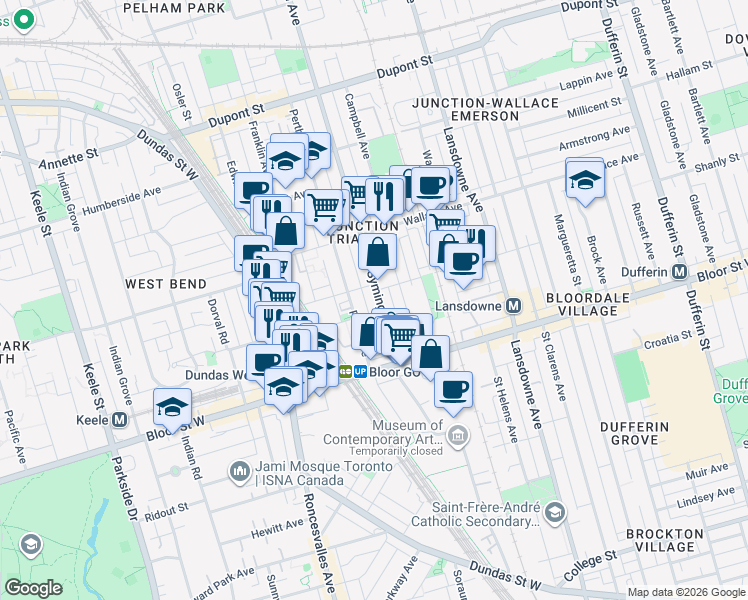 map of restaurants, bars, coffee shops, grocery stores, and more near 80 Symington Avenue in Toronto