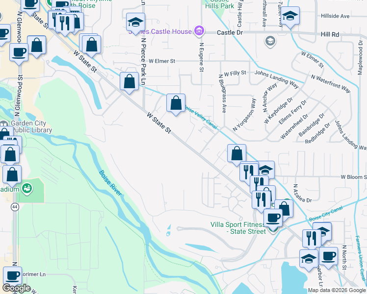 map of restaurants, bars, coffee shops, grocery stores, and more near 6103 West State Street in Garden City