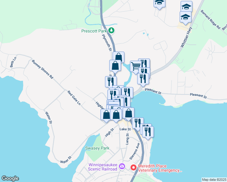 map of restaurants, bars, coffee shops, grocery stores, and more near 328 Daniel Webster Highway in Meredith