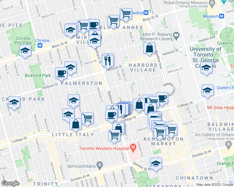 map of restaurants, bars, coffee shops, grocery stores, and more near in Toronto