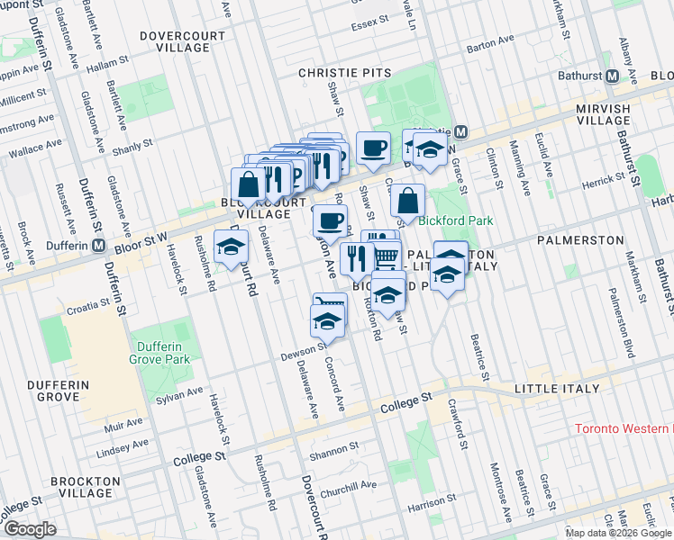 map of restaurants, bars, coffee shops, grocery stores, and more near in Toronto