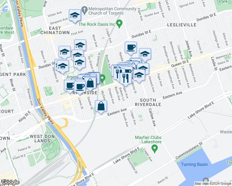 map of restaurants, bars, coffee shops, grocery stores, and more near 168 Booth Avenue in Toronto
