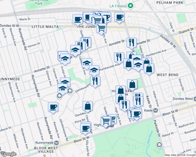 map of restaurants, bars, coffee shops, grocery stores, and more near 239 Quebec Avenue in Toronto