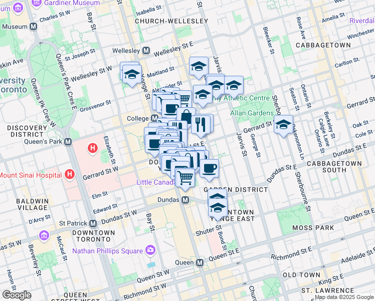 map of restaurants, bars, coffee shops, grocery stores, and more near 33 Gerrard Street East in Toronto