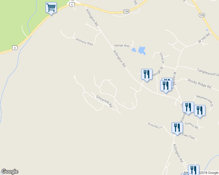 map of restaurants, bars, coffee shops, grocery stores, and more near 53 Woods Road in Killington