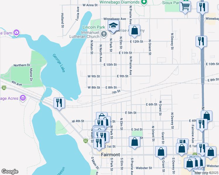 map of restaurants, bars, coffee shops, grocery stores, and more near 126 East 8th Street in Fairmont