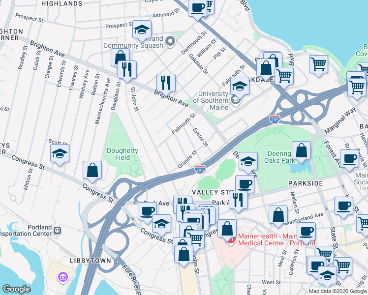 map of restaurants, bars, coffee shops, grocery stores, and more near 61 Payson Street in Portland