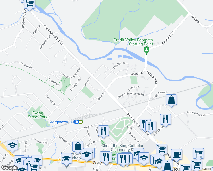 map of restaurants, bars, coffee shops, grocery stores, and more near 38 River Drive in Halton Hills