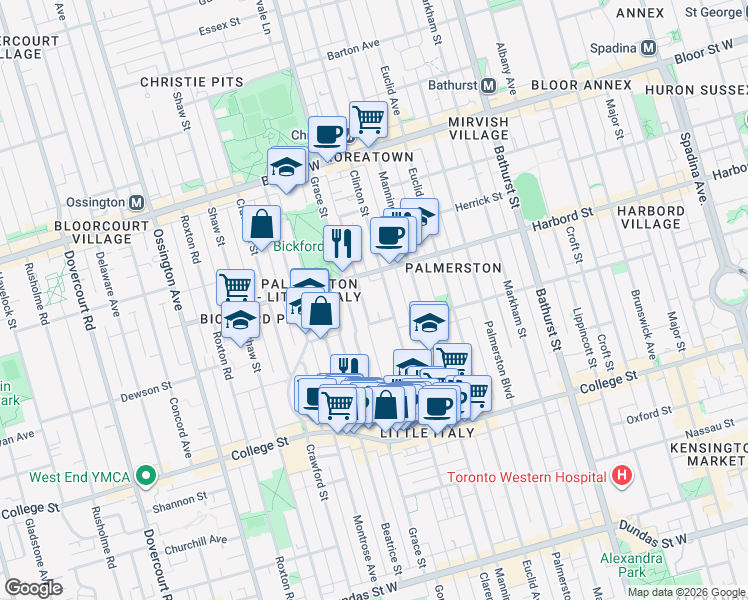 map of restaurants, bars, coffee shops, grocery stores, and more near in Toronto