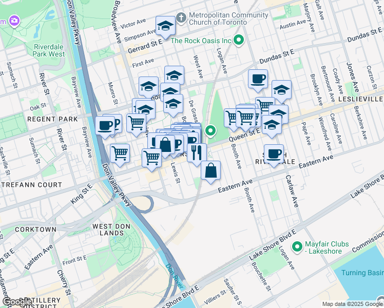 map of restaurants, bars, coffee shops, grocery stores, and more near in Toronto