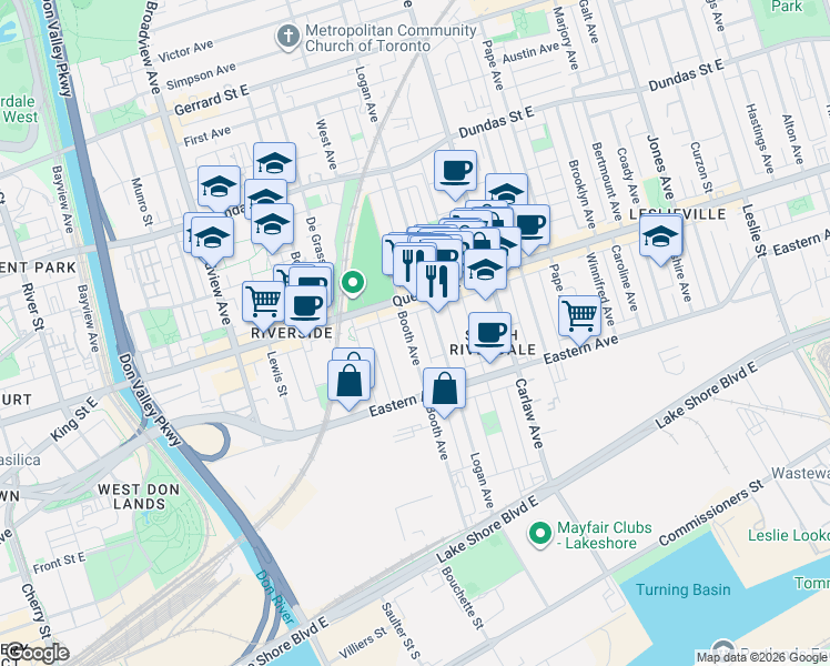 map of restaurants, bars, coffee shops, grocery stores, and more near 167 Booth Avenue in Toronto