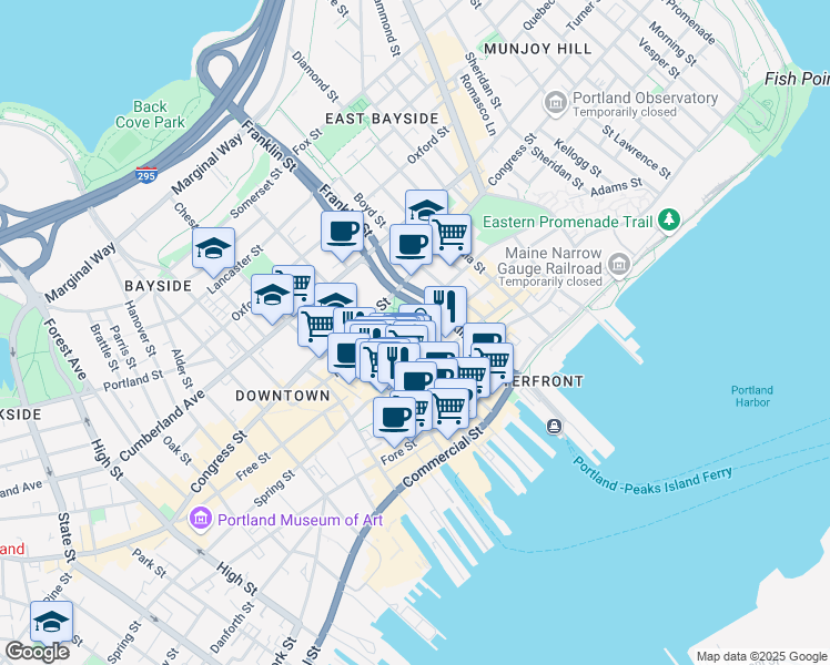 map of restaurants, bars, coffee shops, grocery stores, and more near 205 Newbury Street in Portland