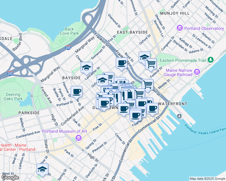map of restaurants, bars, coffee shops, grocery stores, and more near in Portland