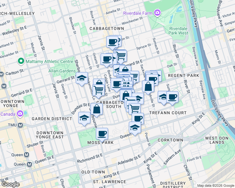 map of restaurants, bars, coffee shops, grocery stores, and more near 414 Dundas Street East in Toronto