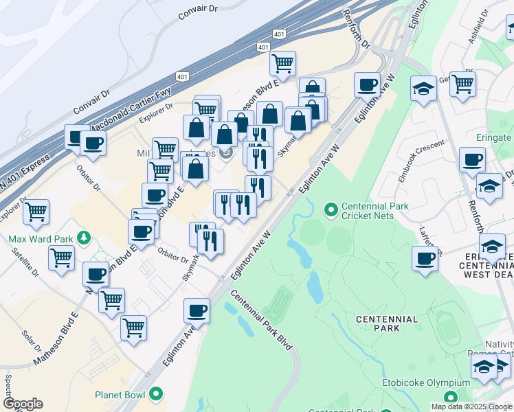 map of restaurants, bars, coffee shops, grocery stores, and more near 2680 Skymark Avenue in Mississauga