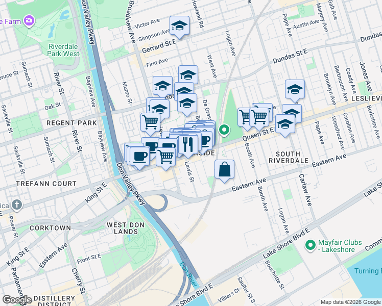 map of restaurants, bars, coffee shops, grocery stores, and more near 754 Queen Street East in Toronto